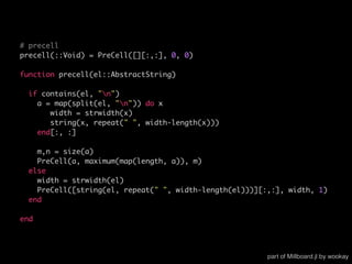 # precell
precell(::Void) = PreCell([][:,:], 0, 0)
function precell(el::AbstractString)
if contains(el, "n")
a = map(split(el, "n")) do x
width = strwidth(x)
string(x, repeat(" ", width-length(x)))
end[:, :]
m,n = size(a)
PreCell(a, maximum(map(length, a)), m)
else
width = strwidth(el)
PreCell([string(el, repeat(" ", width-length(el)))][:,:], width, 1)
end
end
part of Millboard.jl by wookay
 