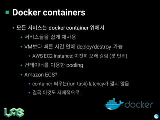 Docker containers
▪ docker container
▪
▪ VM deploy/destroy
▪ AWS EC2 Instance: ( )
▪ pooling
▪ Amazon ECS?
▪ container (run task) latency
▪ …
 