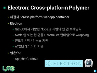 Electron: Cross-platform Polymer
▪ : cross-platform webapp container
▪ Electron
▪ Github Node.js
▪ Node Chromium wrapping
▪ / /
▪ ATOM
▪ ?
▪ Apache Cordova
 