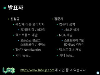 ▪
▪
▪ /
▪
▪
/
▪ TNF/ Needlworks
▪ …
▪
▪
▪
▪ NBA
▪
80 Gbps
▪
▪ …
http://www.lablup.com .
 