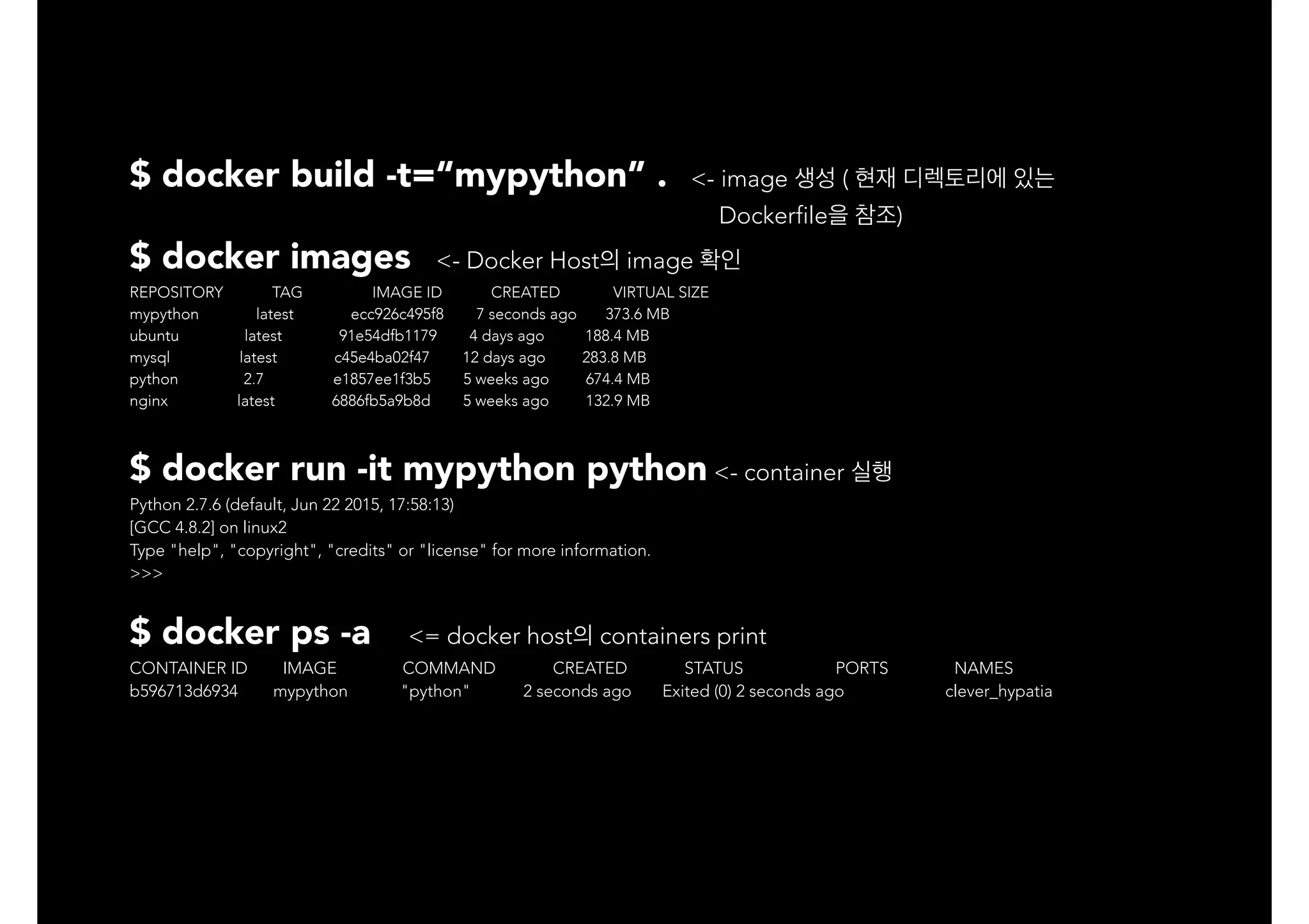 $ docker build -t=“mypython” . <- image 생성 ( 현재 디렉토리에 있는
Dockerfile을 참조)
$ docker images <- Docker Host의 image 확인
REPOSITORY TAG IMAGE ID CREATED VIRTUAL SIZE
mypython latest ecc926c495f8 7 seconds ago 373.6 MB
ubuntu latest 91e54dfb1179 4 days ago 188.4 MB
mysql latest c45e4ba02f47 12 days ago 283.8 MB
python 2.7 e1857ee1f3b5 5 weeks ago 674.4 MB
nginx latest 6886fb5a9b8d 5 weeks ago 132.9 MB
$ docker run -it mypython python <- container 실행
Python 2.7.6 (default, Jun 22 2015, 17:58:13)
[GCC 4.8.2] on linux2
Type "help", "copyright", "credits" or "license" for more information.
>>>
$ docker ps -a <= docker host의 containers print
CONTAINER ID IMAGE COMMAND CREATED STATUS PORTS NAMES
b596713d6934 mypython "python" 2 seconds ago Exited (0) 2 seconds ago clever_hypatia
 
