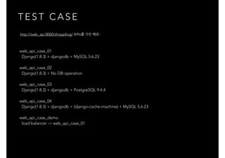 T E S T C A S E
web_api_case_01
Django(1.8.3) + djangodb + MySQL 5.6.23
web_api_case_02
Django(1.8.3) + No DB operation
web_api_case_03
Django(1.8.3) + djangodb + PostgreSQL 9.4.4
web_api_case_04
Django(1.8.3) + djangodb + (django-cache-machine) + MySQL 5.6.23
web_api_case_demo
load balancer -> web_api_case_01
http://web_api:8000/shoppling/ APIs를 가진 예로 :
 