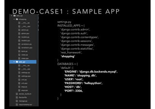 D E M O - C A S E 1 : S A M P L E A P P
settings.py
INSTALLED_APPS = (
'django.contrib.admin',
'django.contrib.auth',
'django.contrib.contenttypes',
'django.contrib.sessions',
'django.contrib.messages',
'django.contrib.staticfiles',
'rest_framework',
'shopping'
)
DATABASES = {
'default': {
'ENGINE': 'django.db.backends.mysql',
'NAME': 'shopping_db',
'USER': 'root',
'PASSWORD': 'hellopython',
'HOST': 'db',
'PORT': 3306,
}
}
 