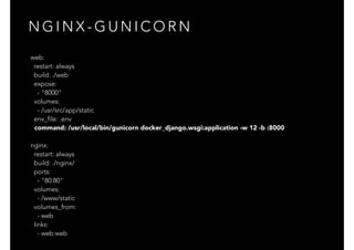 N G I N X - G U N I C O R N
web:
restart: always
build: ./web
expose:
- "8000"
volumes:
- /usr/src/app/static
env_file: .env
command: /usr/local/bin/gunicorn docker_django.wsgi:application -w 12 -b :8000
nginx:
restart: always
build: ./nginx/
ports:
- "80:80"
volumes:
- /www/static
volumes_from:
- web
links:
- web:web
 