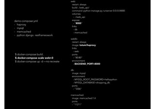 web:
restart: always
build: ./web_api/
command: python manage.py runserver 0.0.0.0:8000
volumes:
- .:/web_api
expose:
- "8000"
links:
- db
- memcached
weblb:
restart: always
image: tutum/haproxy
links:
- web
ports:
- "80:80"
environment:
- BACKEND_PORT=8000
db:
image: mysql
environment:
- MYSQL_ROOT_PASSWORD=hellopython
- MYSQL_DATABASE=shopping_db
ports:
- "3306"
memcached:
image: memcached:1.4
ports:
- "11211"
demo-composer.yml
- haproxy
- mysql
- memcached
- python django restframeowork
$ docker-compose build .
$ docker-compose scale web=3
$ docker-compose up -d —no-recreate
 