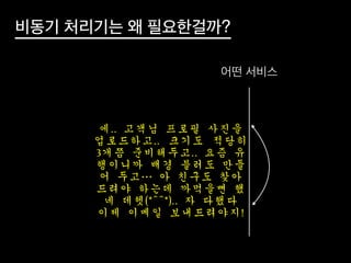 비동기 처리기는 왜 필요한걸까?
어떤 서비스
에..	 고객님	 프로필	 사진을	 
업로드하고..	  크기도	  적당히	 
3개쯤	 준비해두고..	 요즘	 유
행이니까	 배경	 블러도	 만들
어	 두고…	 아	 친구도	 찾아
드려야	 하는데	 까먹을뻔	 했
네	 데헷(*^^*)..	 자	 다했다	 
이제	 이메일	 보내드려야지!
 