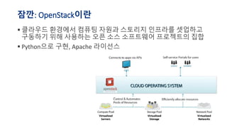 잠깐: OpenStack이란
▪ 클라우드 환경에서 컴퓨팅 자원과 스토리지 인프라를 셋업하고
구동하기 위해 사용하는 오픈 소스 소프트웨어 프로젝트의 집합
▪ Python으로 구현, Apache 라이선스