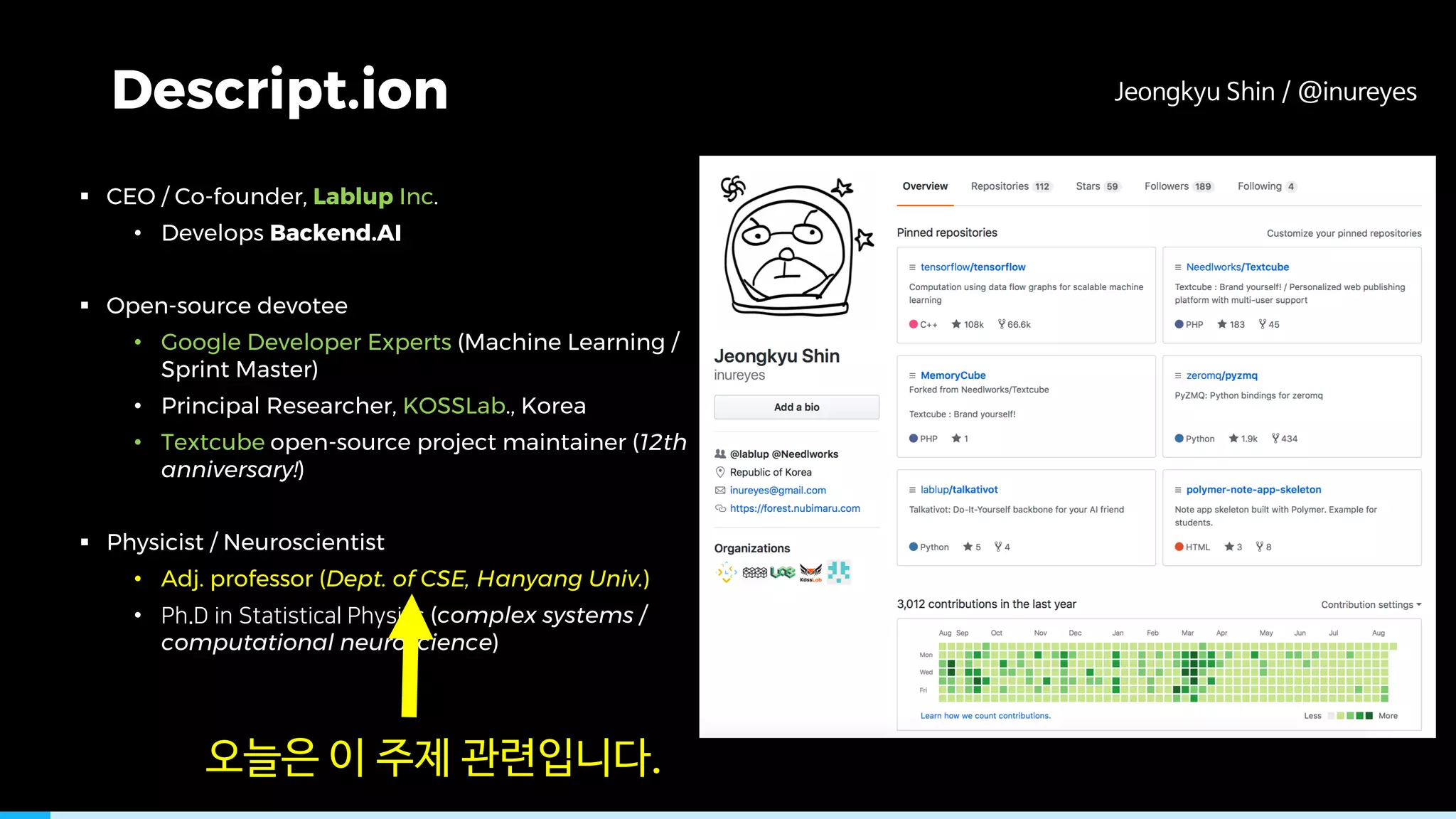Descript.ion
§ CEO / Co-founder, Lablup Inc.
• Develops Backend.AI
§ Open-source devotee
• Google Developer Experts (Machine Learning /
Sprint Master)
• Principal Researcher, KOSSLab., Korea
• Textcube open-source project maintainer (12th
anniversary!)
§ Physicist / Neuroscientist
• Adj. professor (Dept. of CSE, Hanyang Univ.)
• (complex systems /
computational neuroscience)
/ .
 