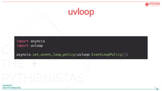 import asyncio
import uvloop
asyncio.set_event_loop_policy(uvloop.EventLoopPolicy())
!17
uvloop
 