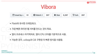 •Flask와 유사한 프레임워크.

•가장 빠른 파이썬 웹 서버를 만드는 것이 목표.

•멀티 프로세스 아키텍쳐로, 멀티 CPU 코어를 기본적으로 사용.

•가능한 경우, uvloop과 C로 구현된 더 빠른 방식을 사용함.
!8
Vibora
 