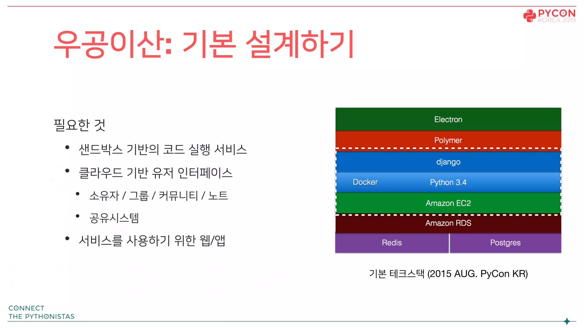 필요한 것
• 샌드박스 기반의 코드 실행 서비스
• 클라우드 기반 유저 인터페이스
• 소유자 / 그룹 / 커뮤니티 / 노트
• 공유시스템
• 서비스를 사용하기 위한 웹/앱
우공이산: 기본 설계하기
기본 테크스택 (2015 AUG. PyCon KR)
 