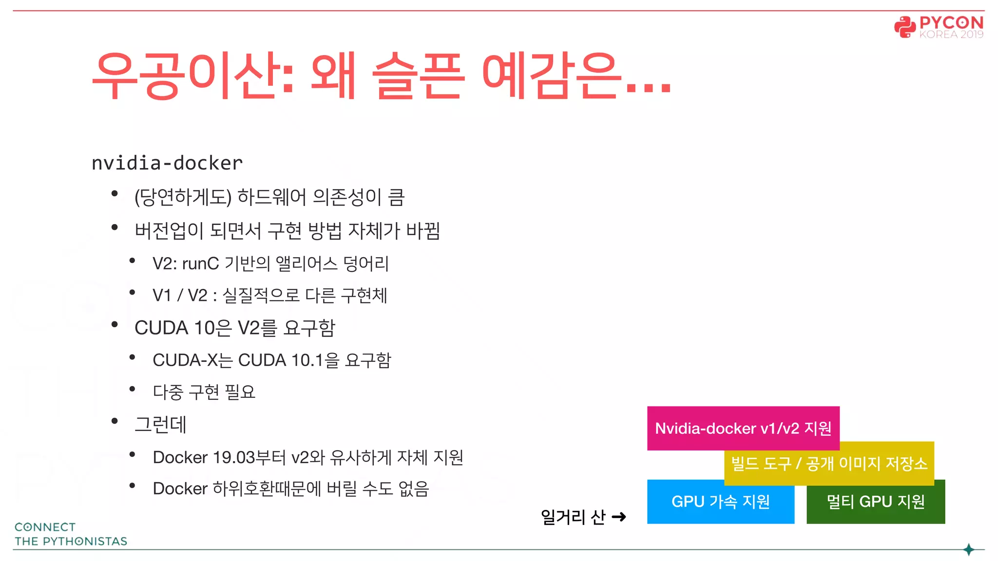 nvidia-docker
• (당연하게도) 하드웨어 의존성이 큼
• 버전업이 되면서 구현 방법 자체가 바뀜
• V2: runC 기반의 앨리어스 덩어리
• V1 / V2 : 실질적으로 다른 구현체
• CUDA 10은 V2를 요구함
• CUDA-X는 CUDA 10.1을 요구함
• 다중 구현 필요
• 그런데
• Docker 19.03부터 v2와 유사하게 자체 지원
• Docker 하위호환때문에 버릴 수도 없음
우공이산: 왜 슬픈 예감은…
GPU 가속 지원 멀티 GPU 지원
일거리 산 ➜
빌드 도구 / 공개 이미지 저장소
Nvidia-docker v1/v2 지원
 
