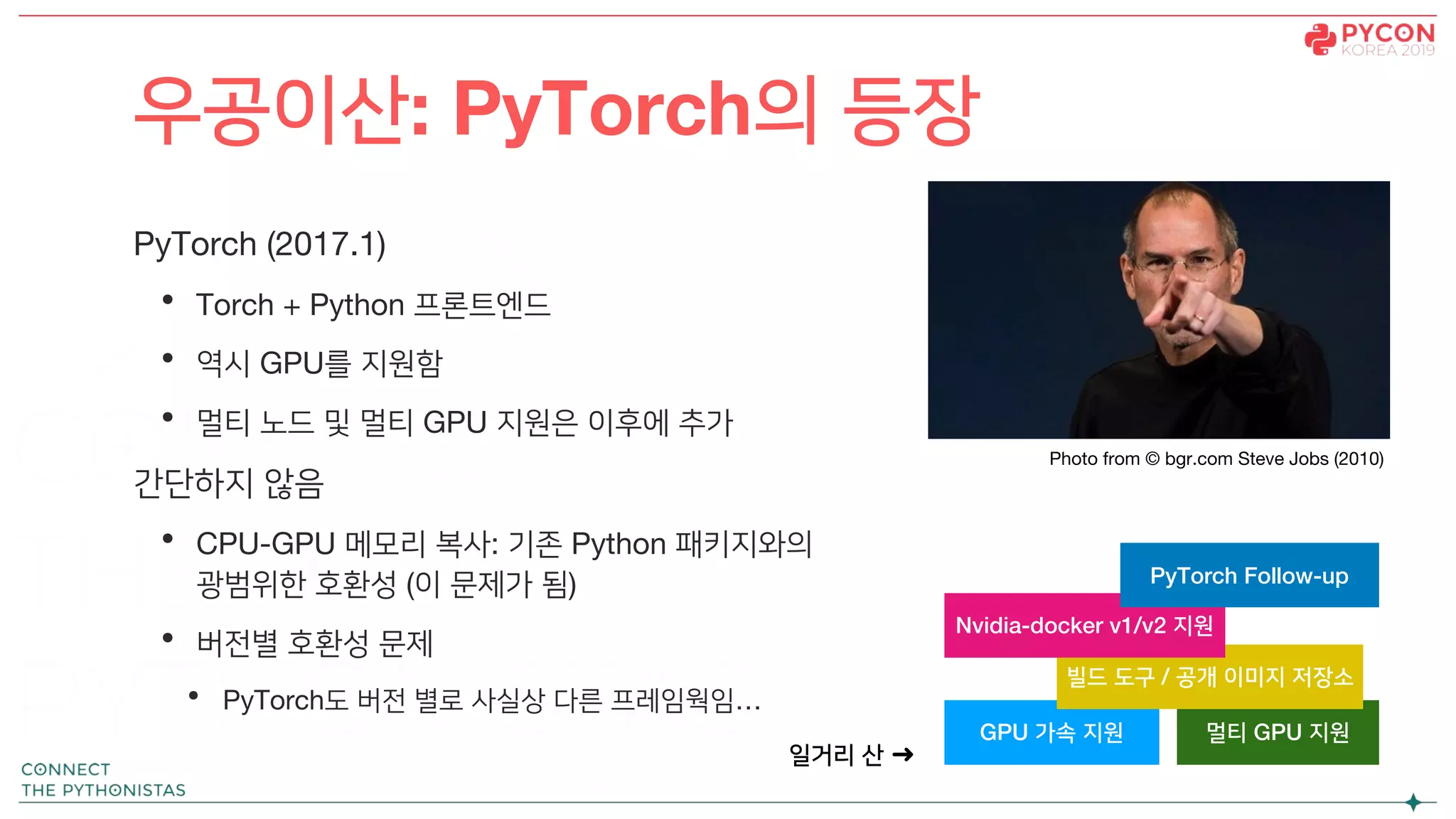 PyTorch (2017.1)
• Torch + Python 프론트엔드
• 역시 GPU를 지원함
• 멀티 노드 및 멀티 GPU 지원은 이후에 추가
간단하지 않음
• CPU-GPU 메모리 복사: 기존 Python 패키지와의
광범위한 호환성 (이 문제가 됨)
• 버전별 호환성 문제
• PyTorch도 버전 별로 사실상 다른 프레임웍임…
우공이산: PyTorch의 등장
GPU 가속 지원 멀티 GPU 지원
일거리 산 ➜
빌드 도구 / 공개 이미지 저장소
Nvidia-docker v1/v2 지원
PyTorch Follow-up
Photo from © bgr.com Steve Jobs (2010)
 