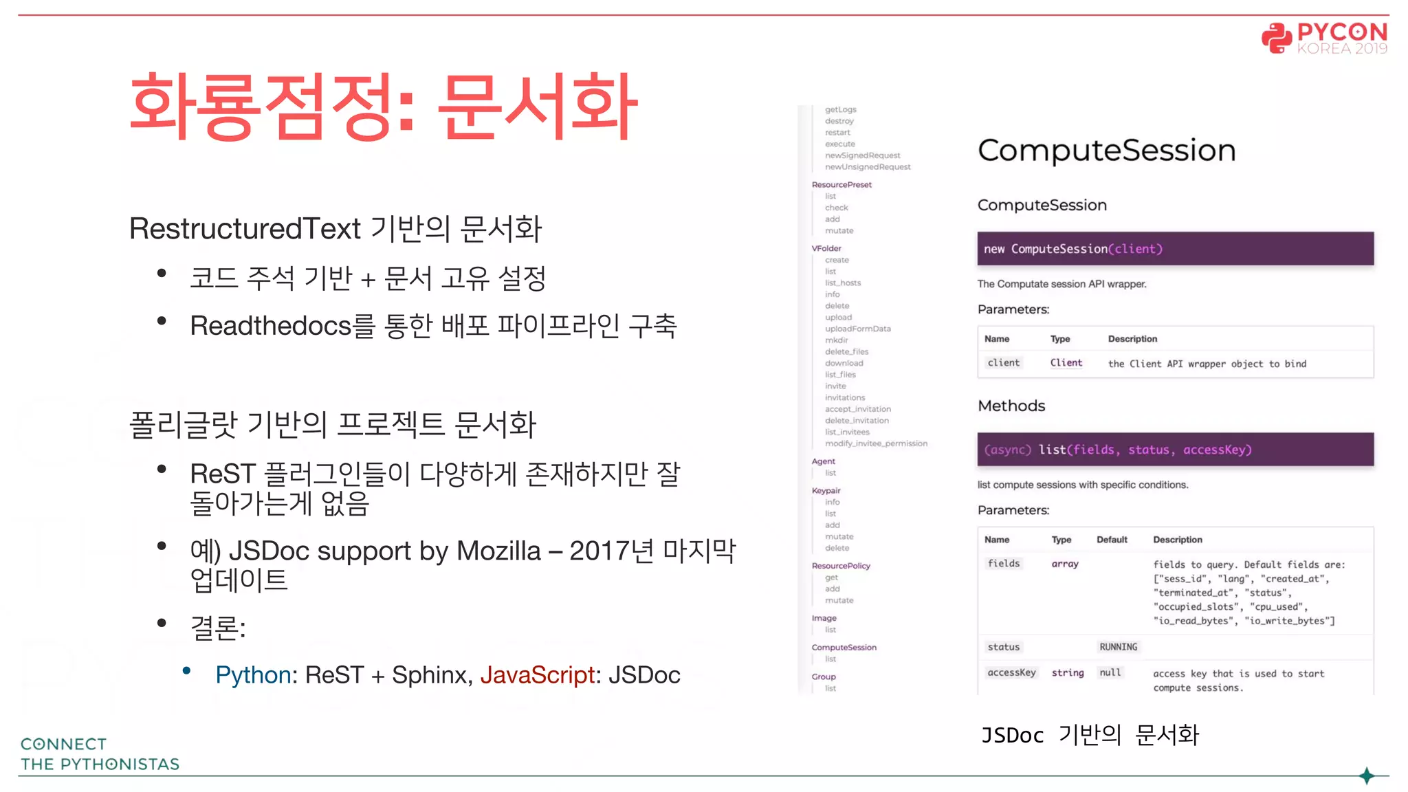 RestructuredText 기반의 문서화
• 코드 주석 기반 + 문서 고유 설정
• Readthedocs를 통한 배포 파이프라인 구축
폴리글랏 기반의 프로젝트 문서화
• ReST 플러그인들이 다양하게 존재하지만 잘
돌아가는게 없음
• 예) JSDoc support by Mozilla – 2017년 마지막
업데이트
• 결론:
• Python: ReST + Sphinx, JavaScript: JSDoc
화룡점정: 문서화
JSDoc 기반의 문서화
 