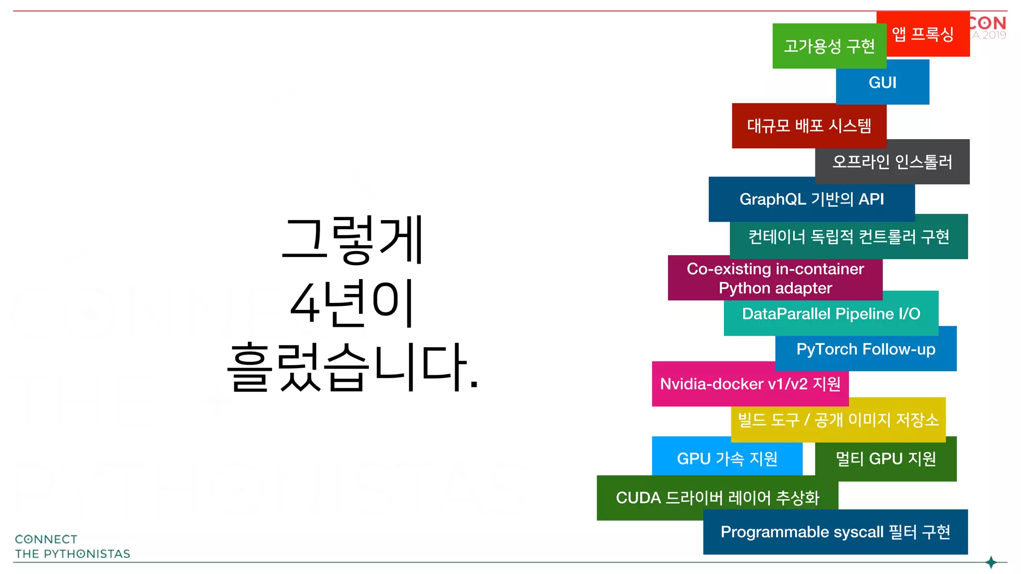 앱 프록싱
그렇게
4년이
흘렀습니다.
GPU 가속 지원 멀티 GPU 지원
빌드 도구 / 공개 이미지 저장소
Nvidia-docker v1/v2 지원
PyTorch Follow-up
DataParallel Pipeline I/O
Co-existing in-container
Python adapter
컨테이너 독립적 컨트롤러 구현
GraphQL 기반의 API
오프라인 인스톨러
대규모 배포 시스템
GUI
고가용성 구현
CUDA 드라이버 레이어 추상화
Programmable syscall 필터 구현
 