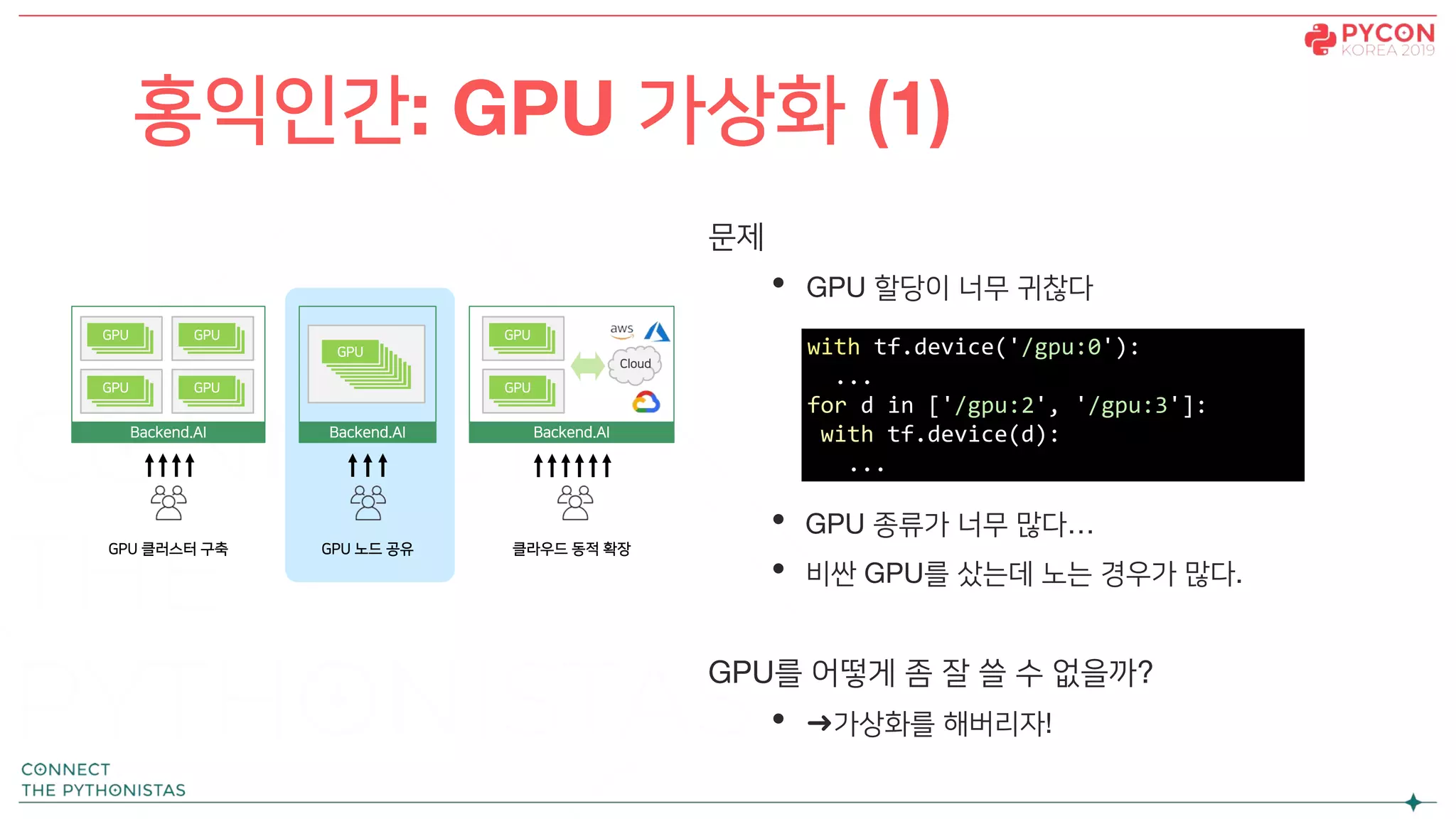 문제
• GPU 할당이 너무 귀찮다
• GPU 종류가 너무 많다…
• 비싼 GPU를 샀는데 노는 경우가 많다.
GPU를 어떻게 좀 잘 쓸 수 없을까?
• ➜가상화를 해버리자!
홍익인간: GPU 가상화 (1)
Backend.AI
GPU
GPUGPU
GPU
GPUGPU
GPU
GPUGPU
GPU
GPUGPU
Backend.AI
GPU
GPU
GPU
GPU
GPU
GPU
GPUGPU
GPU 클러스터 구축 GPU 노드 공유
Backend.AI
GPU
GPUGPU
GPU
GPUGPU
클라우드 동적 확장
Cloud
with tf.device('/gpu:0'):
...
for d in ['/gpu:2', '/gpu:3']:
with tf.device(d):
...
 