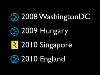 2008 WashingtonDC
2009 Hungary
2010 Singapore
2010 England
 