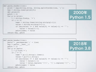 def parse_header(line):
plist = map(string.strip, string.splitfields(line, ';'))
key = string.lower(plist[0])
del plist[0]
pdict = {}
for p in plist:
i = string.find(p, '=')
if i >= 0:
name = string.lower(string.strip(p[:i]))
value = string.strip(p[i+1:])
if len(value) >= 2 and value[0] == value[-1] == '"':
value = value[1:-1]
pdict[name] = value
return key, pdict
def parse_header(line):
parts = _parseparam(';' + line)
key = parts.__next__()
pdict = {}
for p in parts:
i = p.find('=')
if i >= 0:
name = p[:i].strip().lower()
value = p[i+1:].strip()
if len(value) >= 2 and value[0] == value[-1] == '"':
value = value[1:-1]
value = value.replace('', '').replace('"', '"')
pdict[name] = value
return key, pdict
 