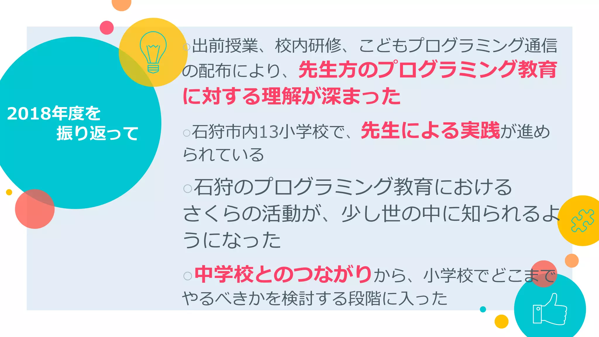 ○ 出前授業、校内研修、こどもプログラミング通信
の配布により、先⽣⽅のプログラミング教育
に対する理解が深まった
○ ⽯狩市内13⼩学校で、先⽣による実践が進め
られている
○ ⽯狩のプログラミング教育における
さくらの活動が、少し世の中に知られるよ
うになった
○ 中学校とのつながりから、⼩学校でどこまで
やるべきかを検討する段階に⼊った
2018年度を
   振り返って
 