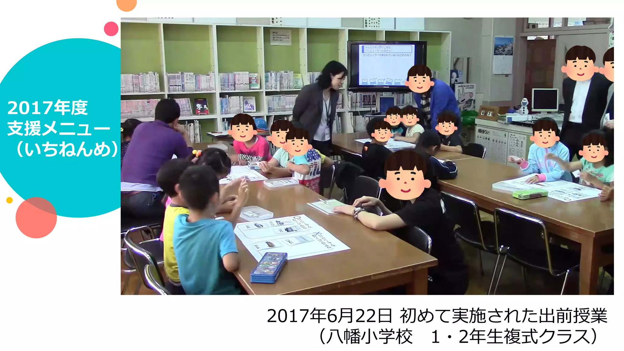 2017年度
⽀援メニュー
（いちねんめ）
出前授業
1
2017年6⽉22⽇ 初めて実施された出前授業
（⼋幡⼩学校 1・2年⽣複式クラス）
 