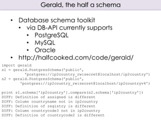 Gerald, the half a schema
import gerald
s1 = gerald.PostgresSchema(’public',
'postgres://ip2country_rw:secret@localhost/ip2country')
s2 = gerald.PostgresSchema(’public',
'postgres://ip2country_rw:secret@localhost/ip2countryv4')
print s1.schema['ip2country'].compare(s2.schema['ip2country'])
DIFF: Definition of assigned is different
DIFF: Column countryname not in ip2country
DIFF: Definition of registry is different
DIFF: Column countrycode3 not in ip2country
DIFF: Definition of countrycode2 is different
• Database schema toolkit
• via DB-API currently supports
• PostgreSQL
• MySQL
• Oracle
• http://halfcooked.com/code/gerald/
 