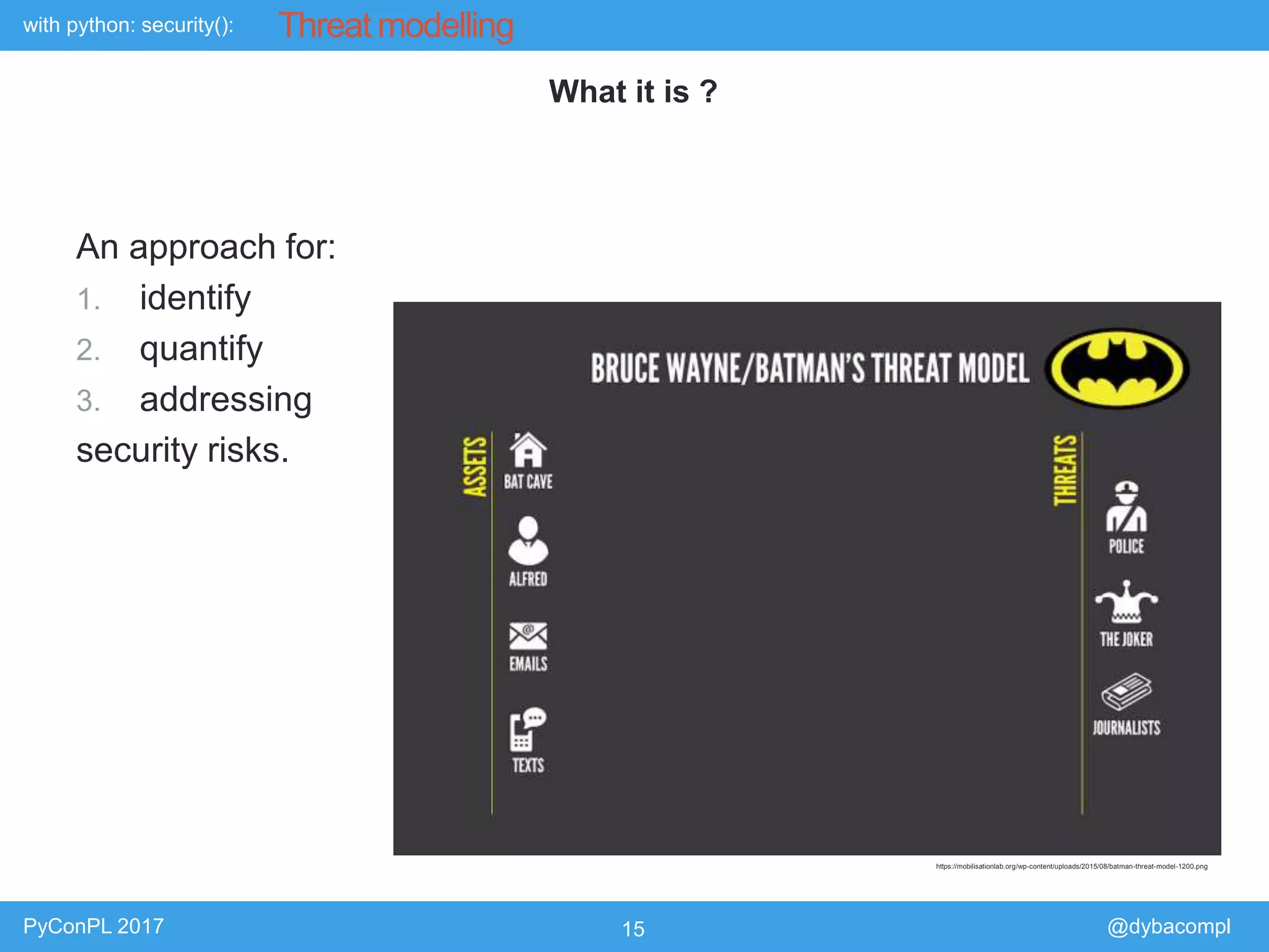 with python: security():
PyConPL 2017 15 @dybacompl
Threat modelling
An approach for:
1. identify
2. quantify
3. addressing
security risks.
What it is ?
https://mobilisationlab.org/wp-content/uploads/2015/08/batman-threat-model-1200.png
 