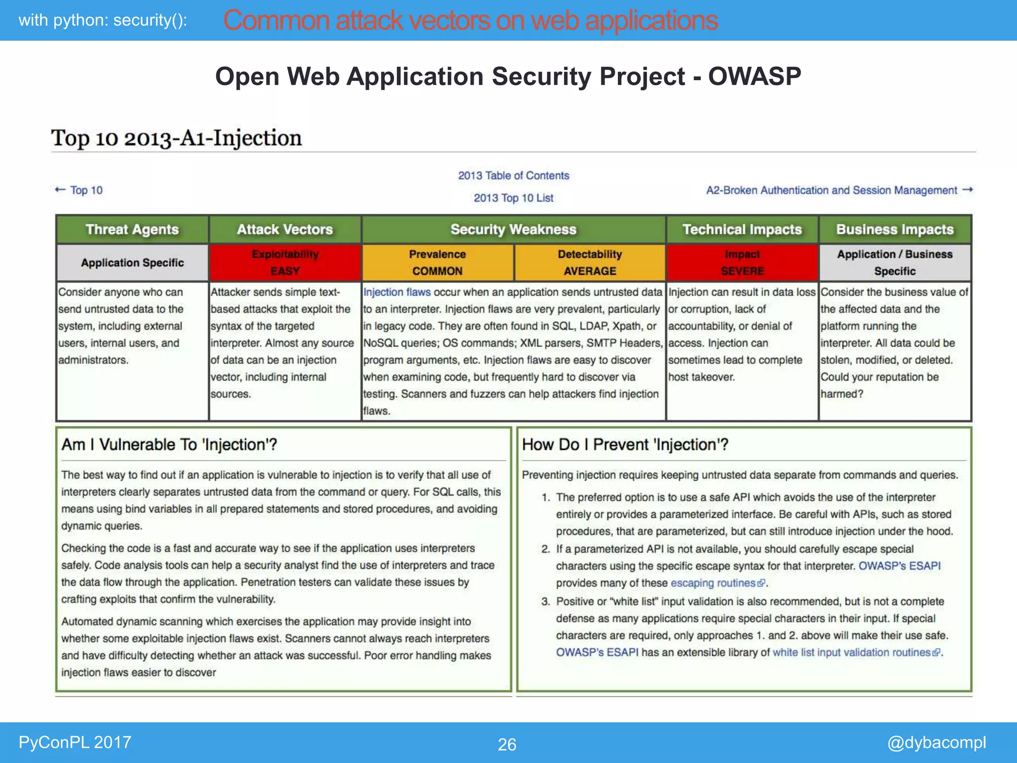 with python: security():
PyConPL 2017 26 @dybacompl
Common attack vectors on web applications
Open Web Application Security Project - OWASP
 
