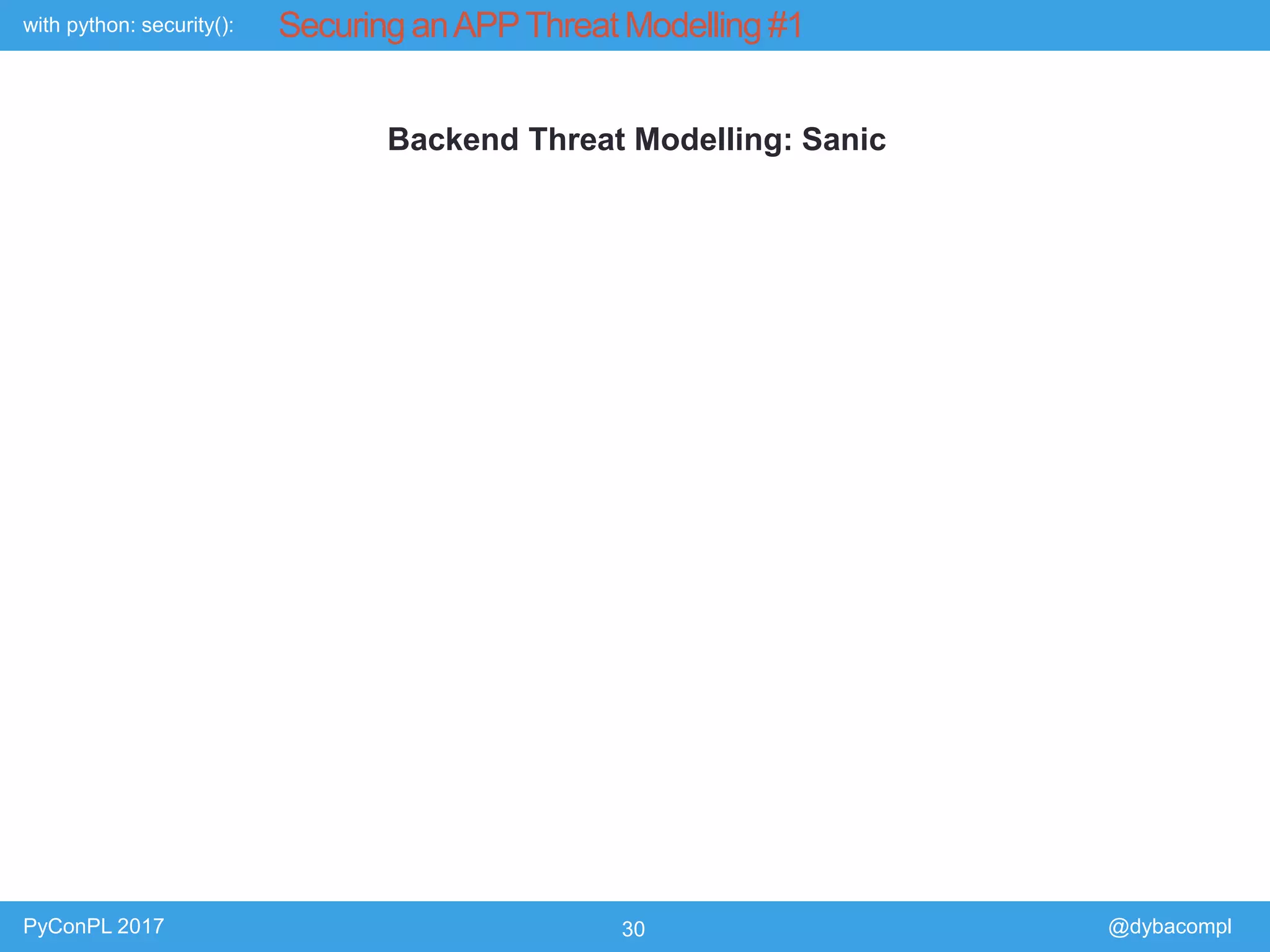 with python: security():
PyConPL 2017 30 @dybacompl
Securing anAPPThreat Modelling #1
Backend Threat Modelling: Sanic
 