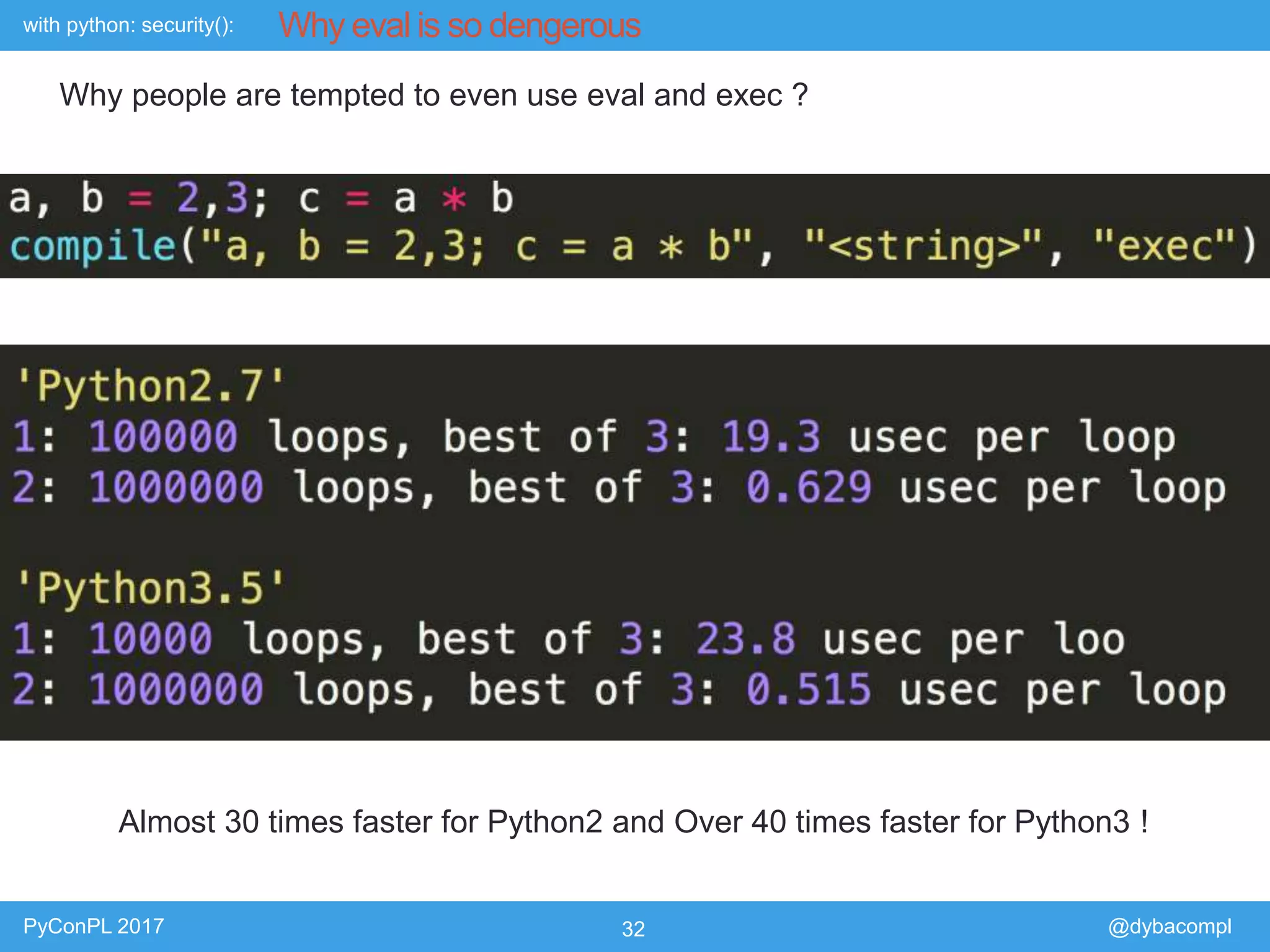 with python: security():
PyConPL 2017 32 @dybacompl
Why eval is so dengerous
Why people are tempted to even use eval and exec ?
Almost 30 times faster for Python2 and Over 40 times faster for Python3 !
 
