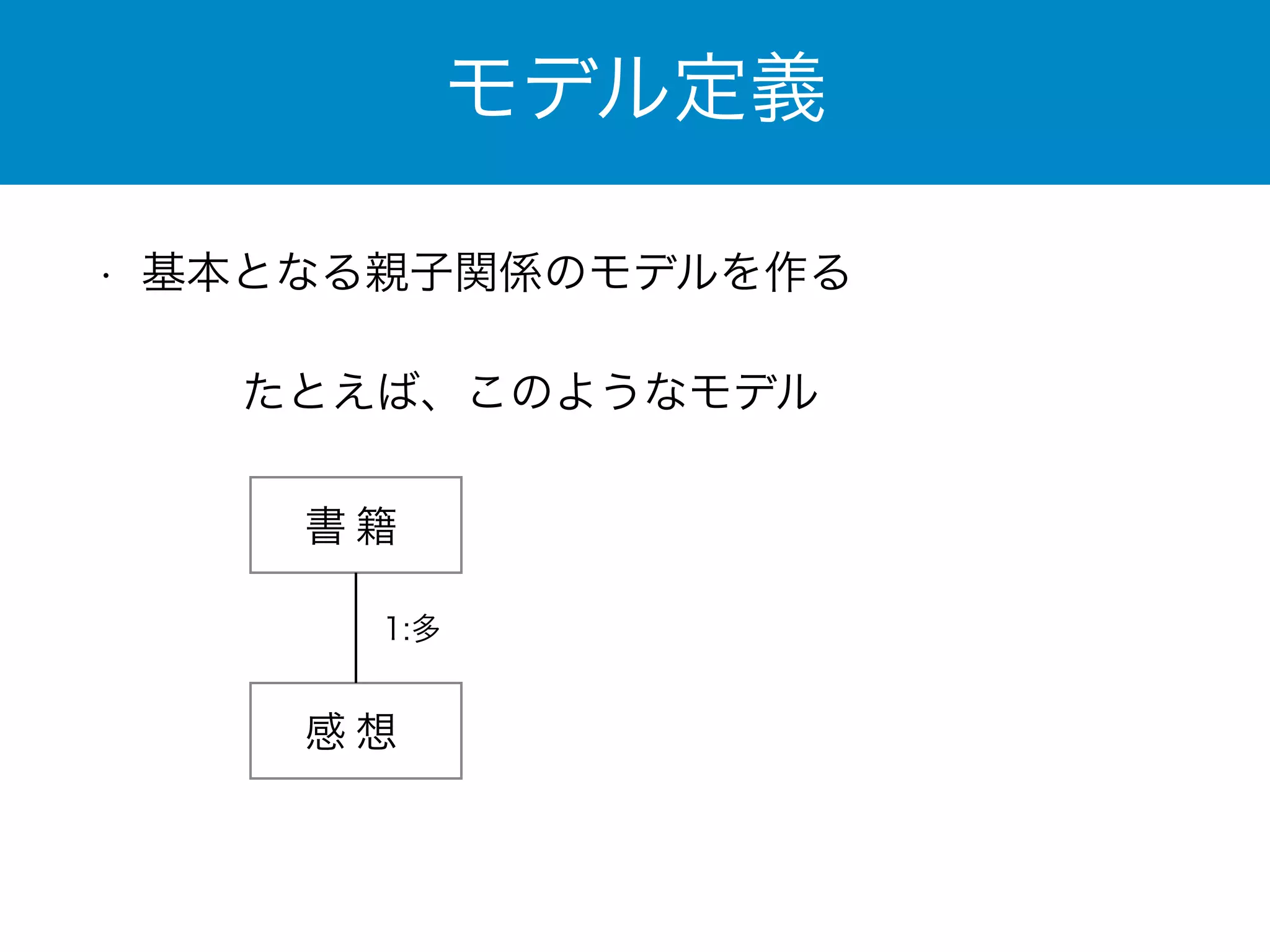 モデル定義 
• 基本となる親子関係のモデルを作る 
たとえば、このようなモデル 
書籍 
1:多 
感想 
 