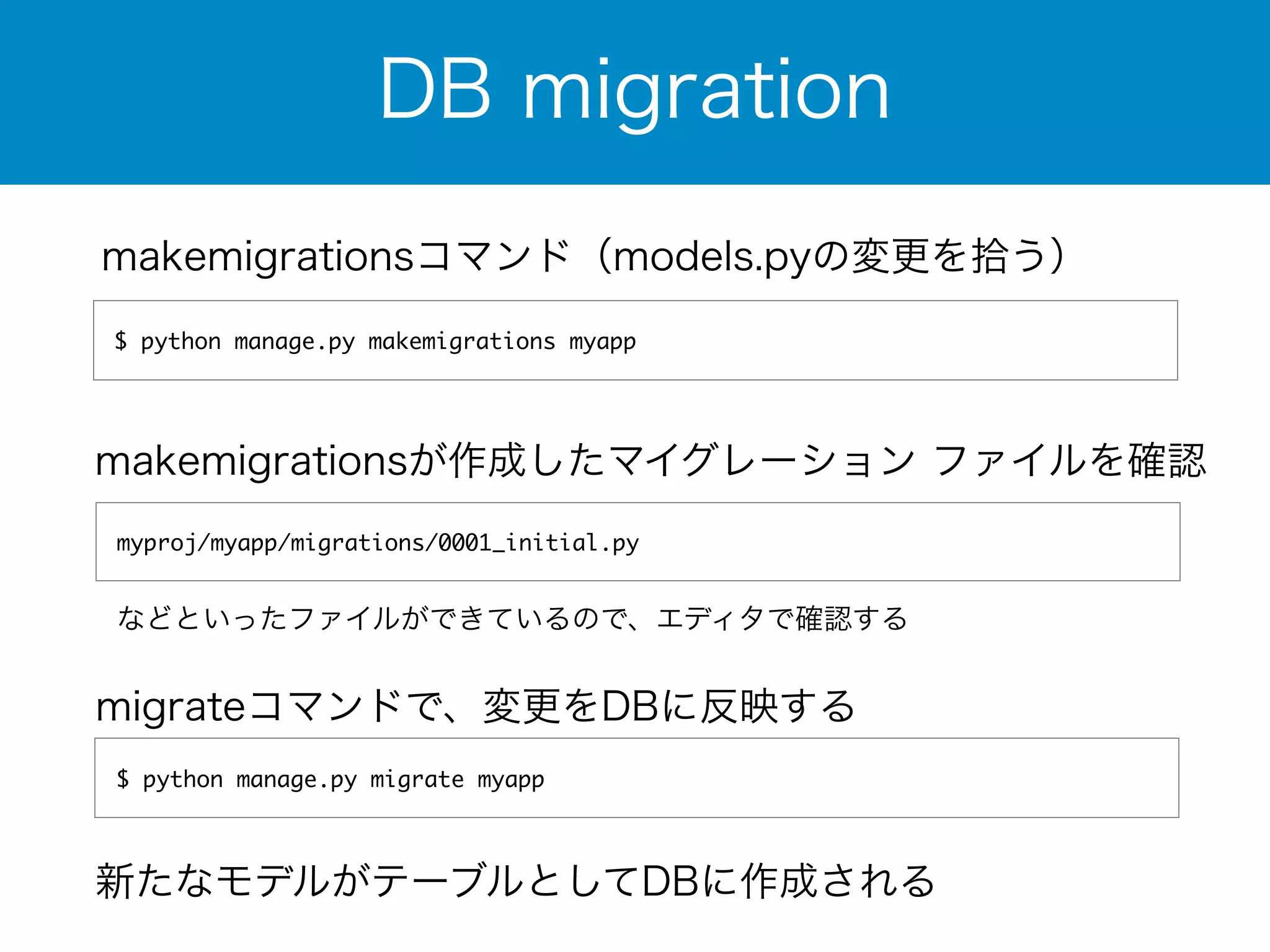 DB migration 
makemigrationsコマンド（models.pyの変更を拾う） 
$ python manage.py makemigrations myapp 
makemigrationsが作成したマイグレーション ファイルを確認 
myproj/myapp/migrations/0001_initial.py 
などといったファイルができているので、エディタで確認する 
migrateコマンドで、変更をDBに反映する 
$ python manage.py migrate myapp 
新たなモデルがテーブルとしてDBに作成される 
 