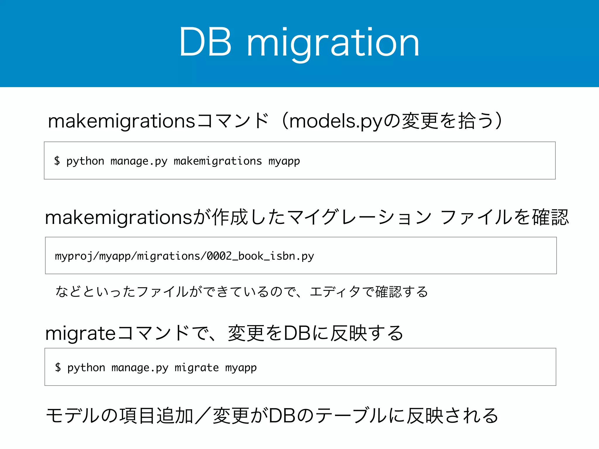 DB migration 
makemigrationsコマンド（models.pyの変更を拾う） 
$ python manage.py makemigrations myapp 
makemigrationsが作成したマイグレーション ファイルを確認 
myproj/myapp/migrations/0002_book_isbn.py 
などといったファイルができているので、エディタで確認する 
migrateコマンドで、変更をDBに反映する 
$ python manage.py migrate myapp 
モデルの項目追加／変更がDBのテーブルに反映される 
 