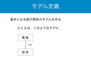 モデル定義 
• 基本となる親子関係のモデルを作る 
たとえば、このようなモデル 
書籍 
1:多 
感想 
 