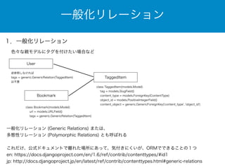 一般化リレーション 
１．一般化リレーション 
色々な親モデルにタグを付けたい場合など 
User 
TaggedItem 
class TaggedItem(models.Model): 
tag = models.SlugField() 
content_type = models.ForeignKey(ContentType) 
object_id = models.PositiveIntegerField() 
content_object = generic.GenericForeignKey('content_type', 'object_id') 
逆参照しなければ 
tags = generic.GenericRelation(TaggedItem) 
は不要 
Bookmark 
class Bookmark(models.Model): 
url = models.URLField() 
tags = generic.GenericRelation(TaggedItem) 
一般化リレーション (Generic Relations) または、 
多態性リレーション (Polymorphic Relations) とも呼ばれる 
! 
これだけ、公式ドキュメントで離れた場所にあって、気付きにくいが、ORMでできることの１つ 
en: https://docs.djangoproject.com/en/1.6/ref/contrib/contenttypes/#id1 
jp: http://docs.djangoproject.jp/en/latest/ref/contrib/contenttypes.html#generic-relations 
 