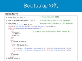 index.html 
{% extends “base_navi.html" %} 
! 
{% block title %}書籍の一覧{% endblock title %} 
! 
{% block content %} 
← base_navi.html を継承 
← base.html の title ブロックを置き換え 
← base.html の content ブロックを置き換え 
<h3 class="page-header">書籍の一覧</h3> 
<a href="{% url 'cms:book_add' %}" class="btn btn-default btn-sm">追加</a> 
<table class="table table-striped table-bordered"> 
<thead> 
<tr> 
<th>ID</th> 
<th>書籍名</th> 
<th>操作</th> 
</tr> 
</thead> 
<tbody> 
{% for book in books %} 
<tr> 
<td>{{ book.id }}</td> 
<td>{{ book.name }}</td> 
<td> 
<a href="{% url 'cms:book_mod' book_id=book.id %}" class="btn btn-default btn-sm">修正</a> 
<a href="{% url 'cms:book_del' book_id=book.id %}" class="btn btn-default btn-sm">削除</a> 
</td> 
</tr> 
{% endfor %} 
</tbody> 
</table> 
{% endblock content %} 
Bootstrapの例 
↑ 一覧系は Bootstrap の class を使って普通に書く 
 