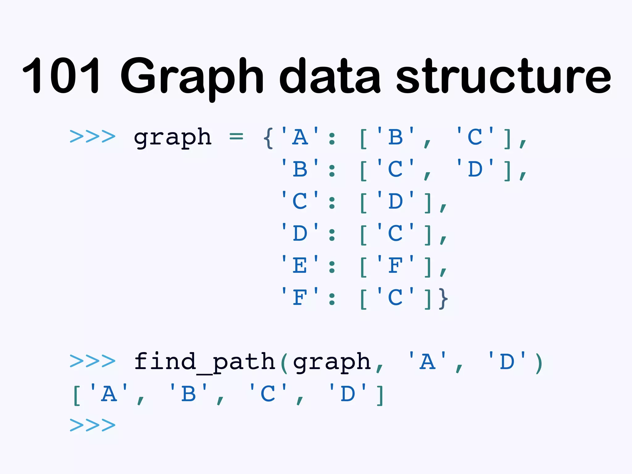 101 Graph data structure
>>> graph = {'A': ['B', 'C'],
'B': ['C', 'D'],
'C': ['D'],
'D': ['C'],
'E': ['F'],
'F': ['C']}
>>> find_path(graph, 'A', 'D')
['A', 'B', 'C', 'D']
>>>
 