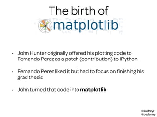 @audreyr
@pydanny
Matplotlib
The birth of
• John Hunter originally offered his plotting code to
Fernando Perez as a patch (contribution) to IPython
• Fernando Perez liked it but had to focus on ﬁnishing his
grad thesis
• John turned that code into matplotlib
 