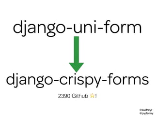 @audreyr
@pydanny
django-uni-form
django-crispy-forms
2390 Github ⭐!
django-crispy-forms
 
