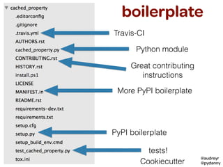 @audreyr
@pydanny
Great contributing
instructions
tests!
Python module
Travis-CI
PyPI boilerplate
More PyPI boilerplate
boilerplate
Cookiecutter
 