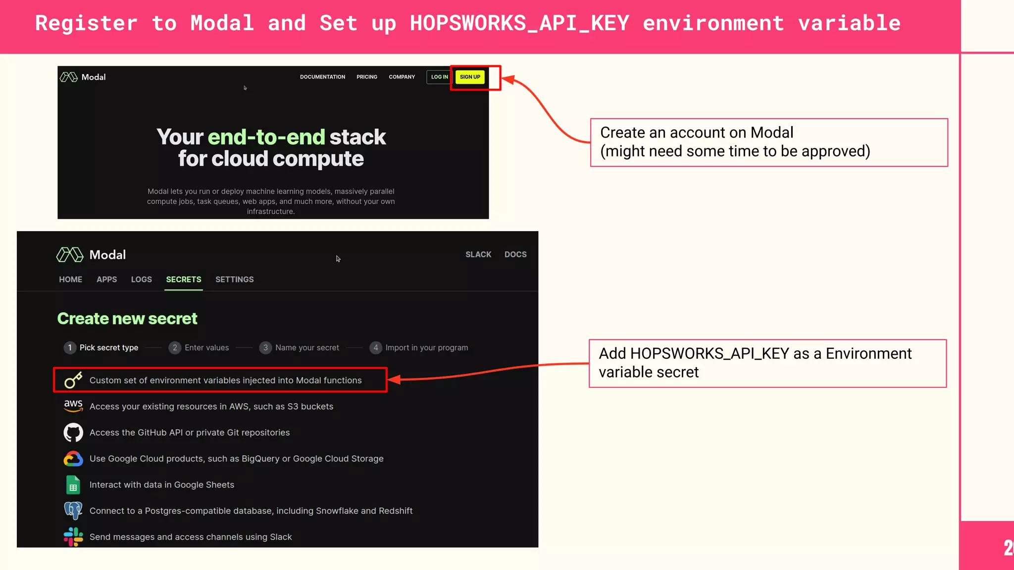 Register to Modal and Set up HOPSWORKS_API_KEY environment variable
20
Add HOPSWORKS_API_KEY as a Environment
variable secret
Create an account on Modal
(might need some time to be approved)
 