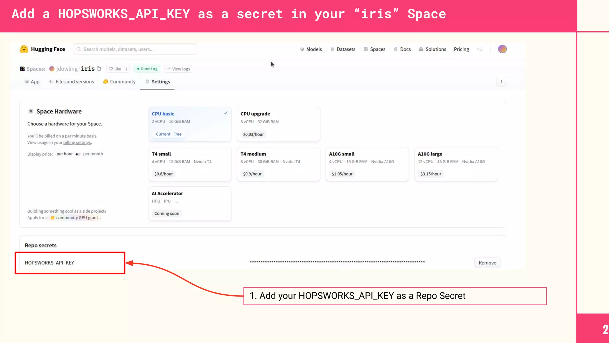 Add a HOPSWORKS_API_KEY as a secret in your “iris” Space
22
1. Add your HOPSWORKS_API_KEY as a Repo Secret
 