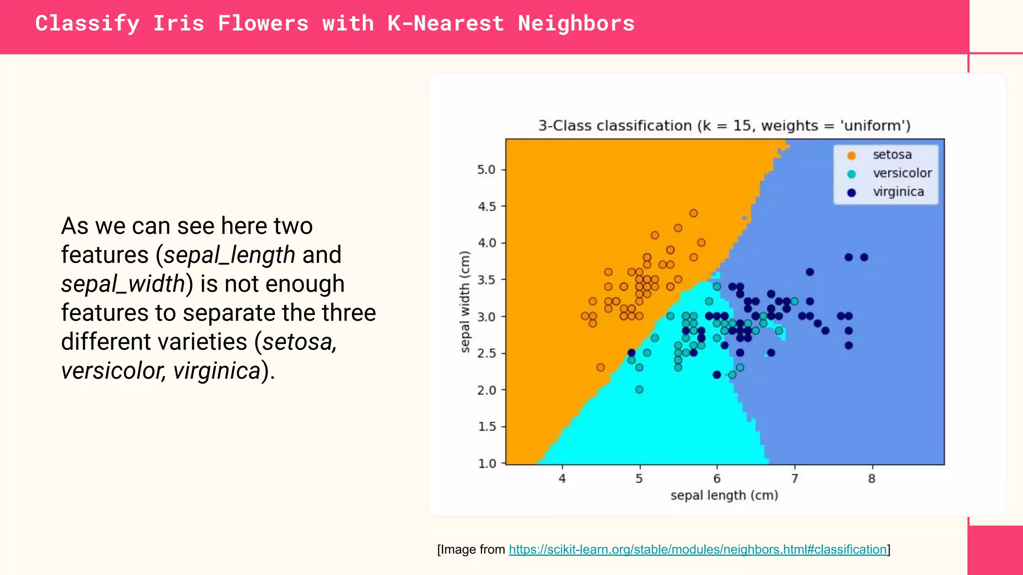 [Image from https://scikit-learn.org/stable/modules/neighbors.html#classification]
As we can see here two
features (sepal_length and
sepal_width) is not enough
features to separate the three
different varieties (setosa,
versicolor, virginica).
Classify Iris Flowers with K-Nearest Neighbors
 