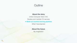Outline
About the story
Umbo Computer Vision intro
Develop and maintain CV services
➡ Build our machine learning pipelines
What I have learned
About the future
My imagination
 