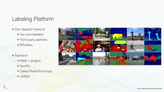 • Can dispatch tasks to
• Our own labelers
• Third-party partners
• MTurkers
• Backend:
• Flask + plugins
• NumPy
• Celery/Redis/Pymongo
• uWSGI
Labeling Platform
source: https://github.com/nightrome/cocostuff
 