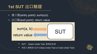 1st SUT 出口驗證
• 進入點(entry point): sum(a,b)
• 出口點(exit point): return value
SUT
sum(a, b)
return value
• SUT： Sytem Under Test, 被測試系統
• 有些人會稱為 CUT (Class Under Test or Code Under Test)
 