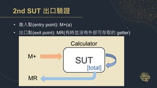 2nd SUT 出口驗證
• 進入點(entry point): M+(a)
• 出口點(exit point): MR(有時並沒有外部可存取的 getter)
SUT
M+
Calculator
[total]
MR
 