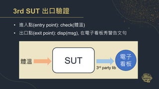 3rd SUT 出口驗證
• 進入點(entry point): check(體溫)
• 出口點(exit point): disp(msg), 在電子看板秀警告文句
SUT
體溫
電子
看板
3rd party lib
 