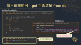 傳入依賴範例 – get 手術清單 from db
產生 exception
production code
test code
外部相關函式
 