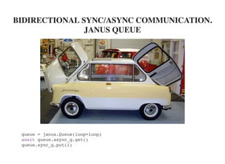 BIDIRECTIONAL SYNC/ASYNC COMMUNICATION.
JANUS QUEUE
queue = janus.Queue(loop=loop)
await queue.async_q.get()
queue.sync_q.put(i)
 