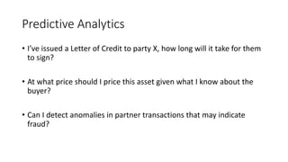 Predictive Analytics
• I’ve issued a Letter of Credit to party X, how long will it take for them
to sign?
• At what price should I price this asset given what I know about the
buyer?
• Can I detect anomalies in partner transactions that may indicate
fraud?
 